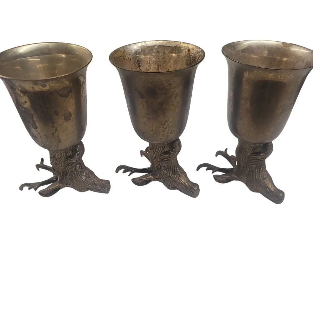 Vintage Brass Deer Stag Head Stirrup Cups Rustic‎ Cabin Lodge RARE Set of 3